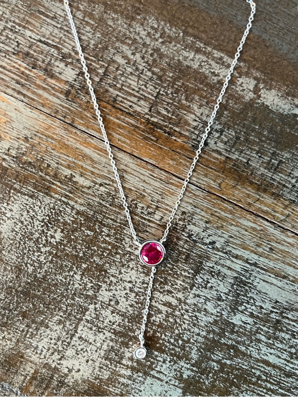 Sterling-Style Silver Necklace with Pink Crystal Drop Pendant